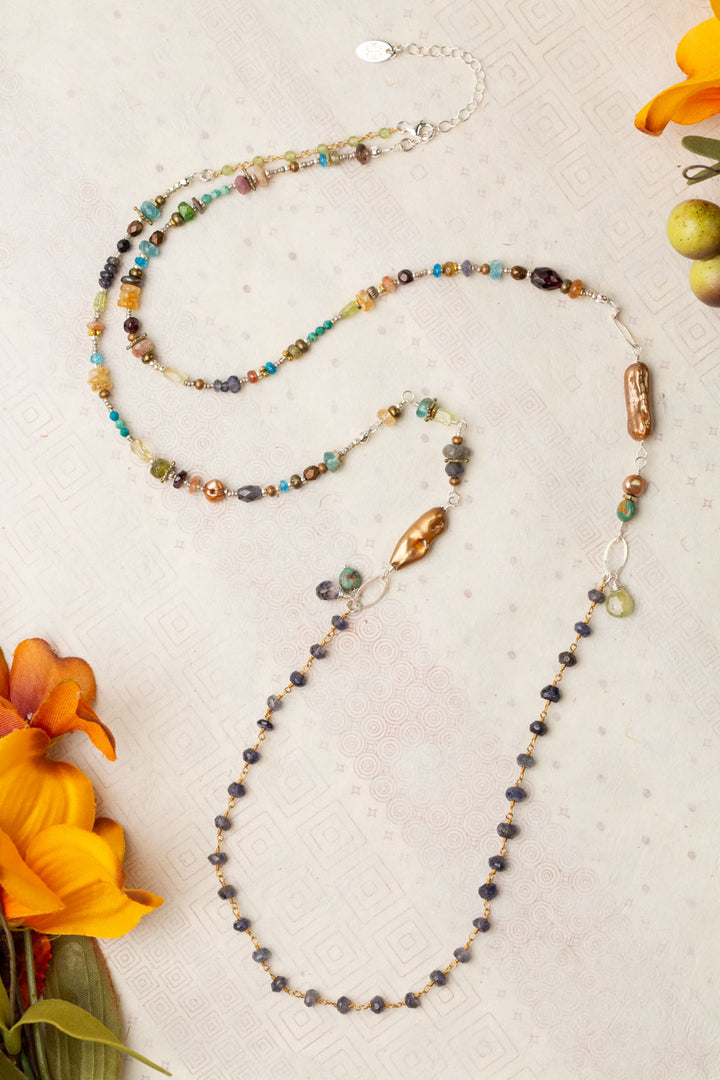 Thrive 36-38" Citrine Iolite, Blue Apatite, Peridot, Labradorite, Czech Glass, Sunstone, Moonstone, Chyrsocolla, Brown Freshwater Pearl Collage Necklace