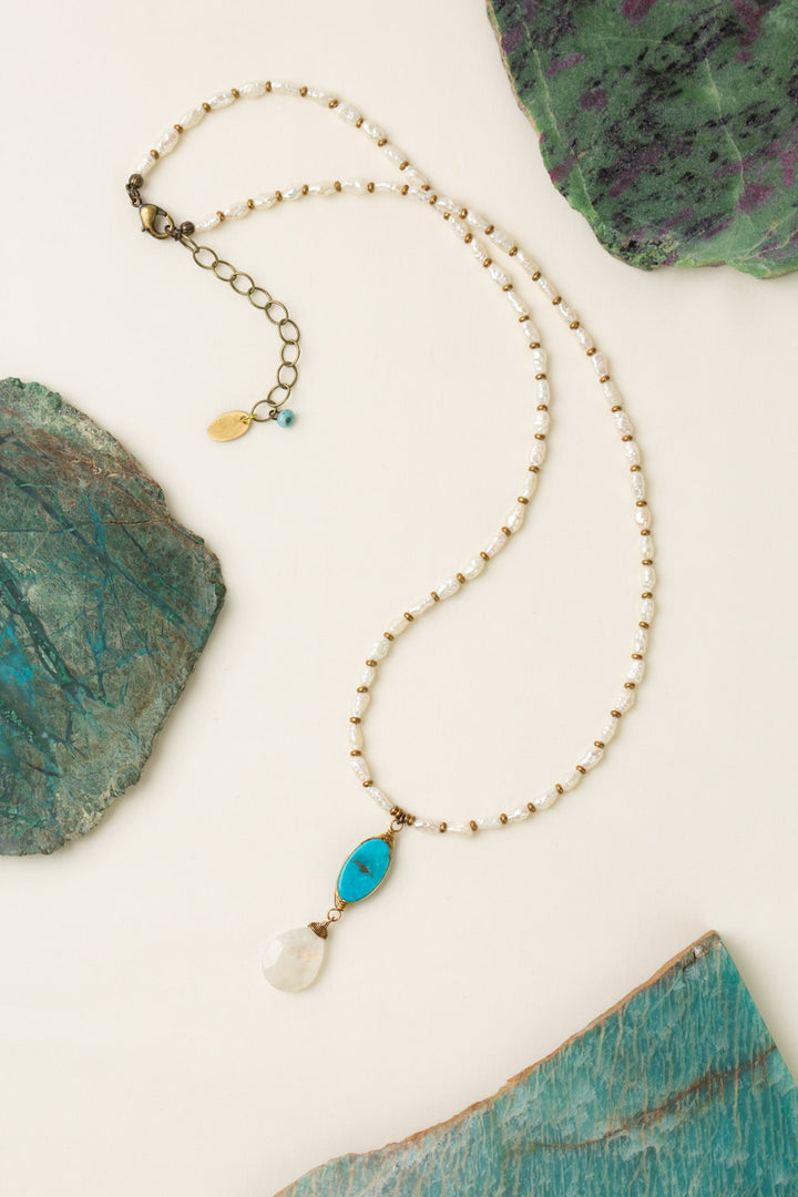 Transcend 20.5-22.5" Turquoise Herringbone, Moonstone Briolette, Freshwater Pearl Simple Necklace