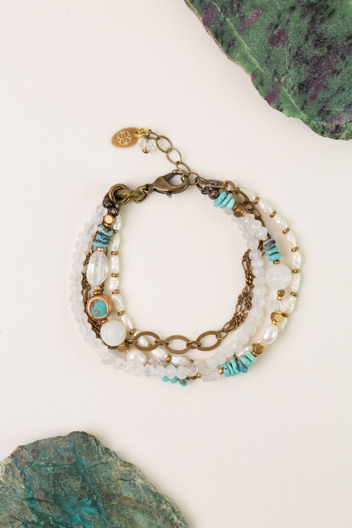 Transcend 7.5-8.5" White Moonstone, Turquoise, Pearl Multistrand Bracelet