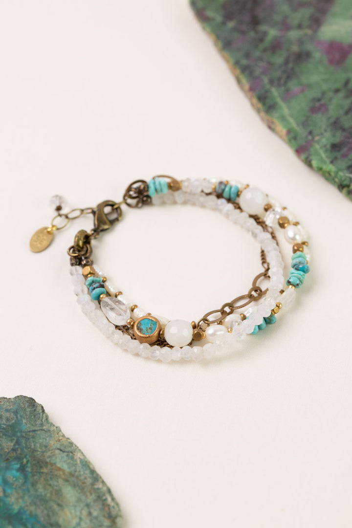 Transcend 7.5-8.5" White Moonstone, Turquoise, Pearl Multistrand Bracelet