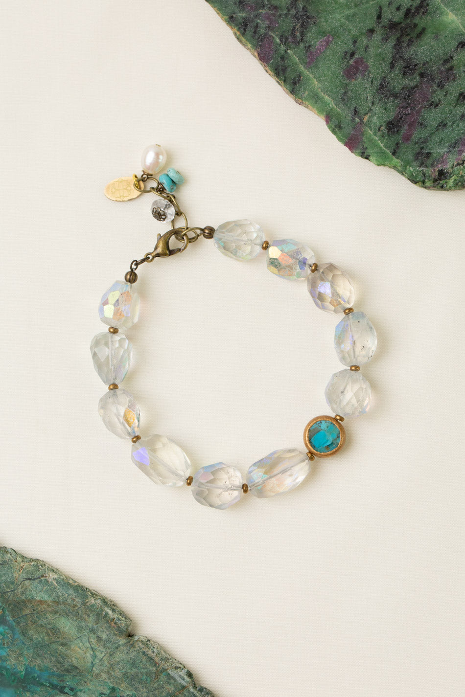 Transcend 7.5-8.5" Aurora Quartz, Turquoise Bezel Simple Bracelet