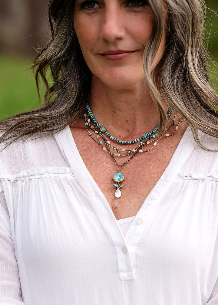 Transcend 20-22" Turquoise Bezel, Pearl Teardrop Cluster Necklace