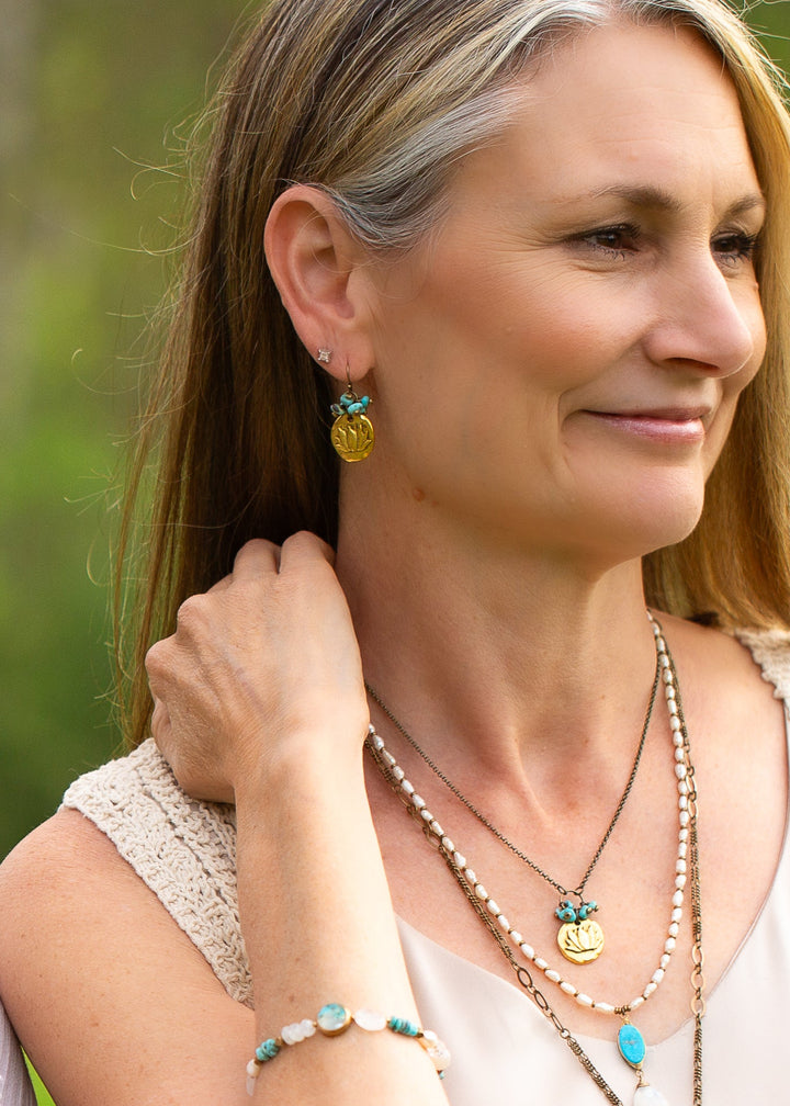 Transcend Brass Lotus, Turquoise Cluster Earrings