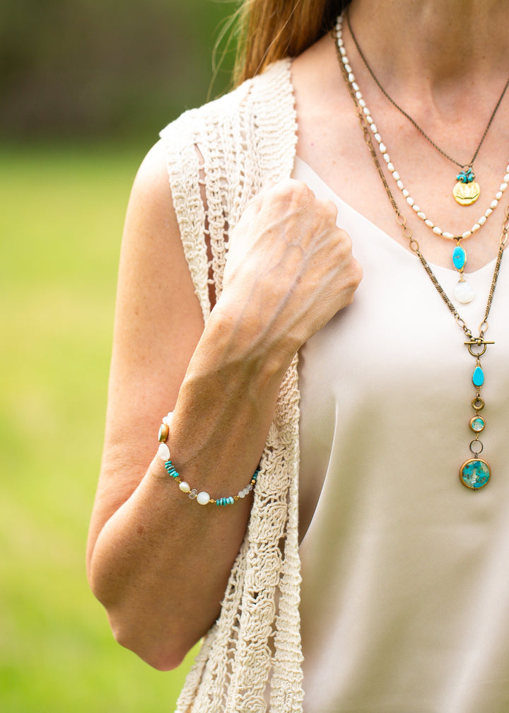 Transcend 7.5-8.5" Turquoise, Pearl, White Moonstone Simple Bracelet