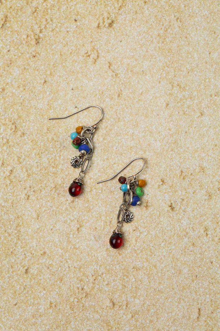 United Colorful African Trade Beads With Czech Glass Red Drop Briolette Cluster Earrings