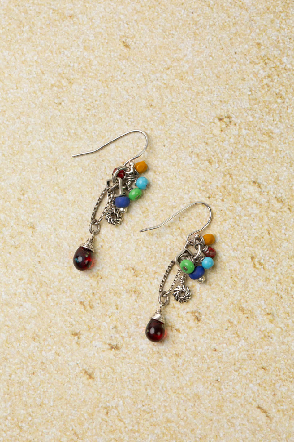 United Colorful African Trade Beads With Czech Glass Red Drop Briolette Cluster Earrings