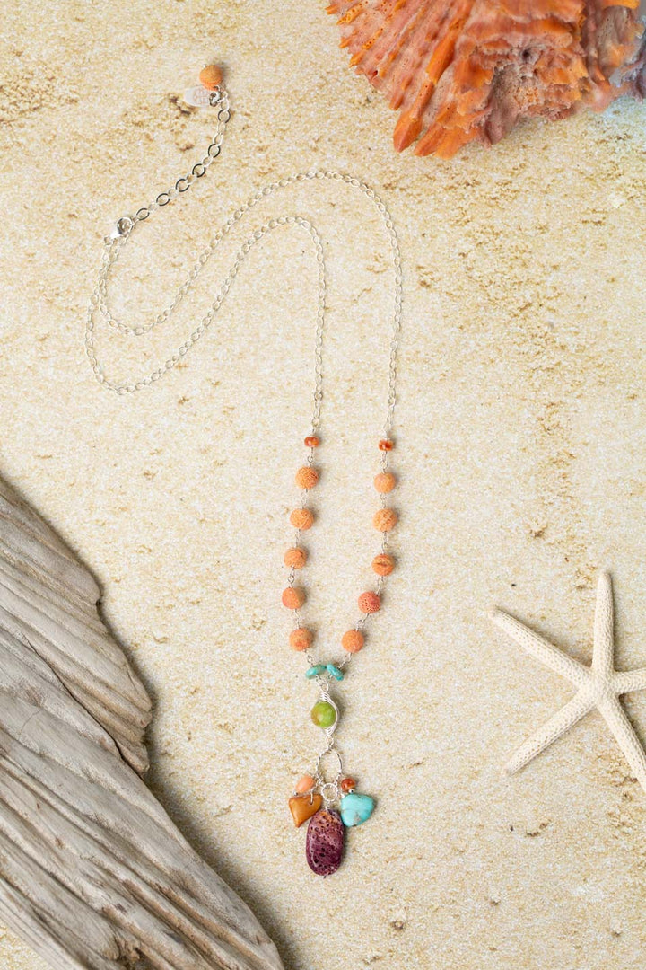 Unity 21.5-23.5" Cluster Of Purple Spiny Oyster, Turquoise, Orange Spiny Oyster, And Natural Green Turquoise Cluster Necklace