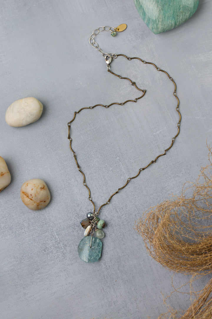 Venetian Dreams 17-19" Freshwater Pearl, Abalone Shell, Amazonite With Roman Glass Cluster Necklace