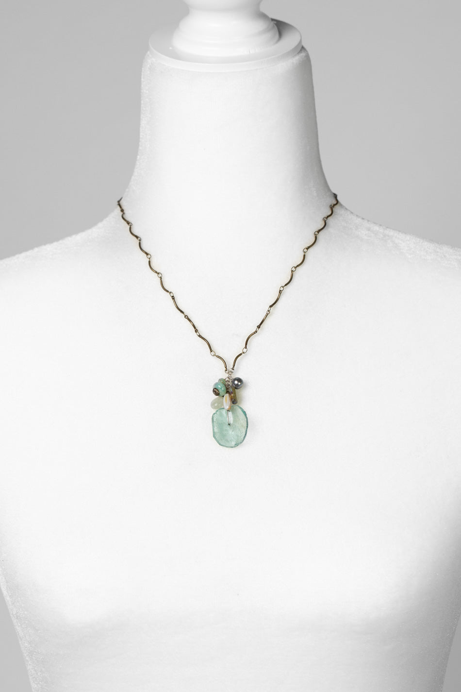 Venetian Dreams 17-19" Freshwater Pearl, Abalone Shell, Amazonite With Roman Glass Cluster Necklace