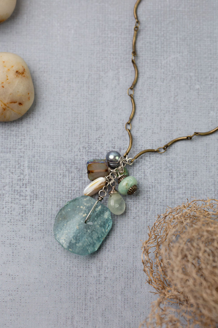 Venetian Dreams 17-19" Freshwater Pearl, Abalone Shell, Amazonite With Roman Glass Cluster Necklace