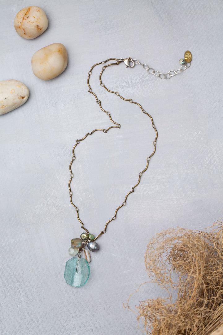 Venetian Dreams 17-19" Freshwater Pearl, Abalone Shell, Amazonite With Roman Glass Cluster Necklace