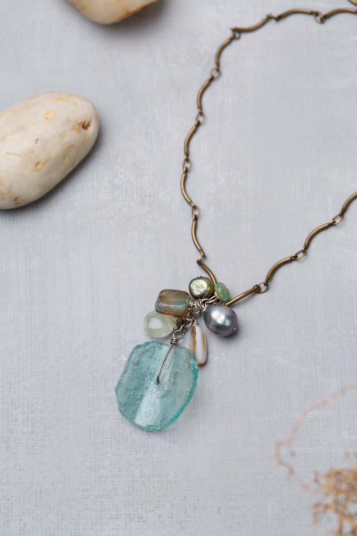 Venetian Dreams 17-19" Freshwater Pearl, Abalone Shell, Amazonite With Roman Glass Cluster Necklace