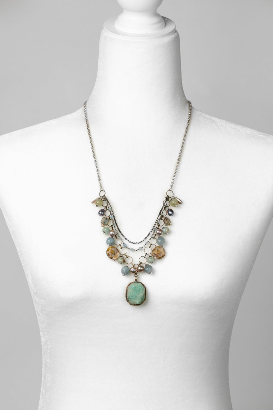 Venetian Dreams 22-24" Freshwater Pearl, Aquamarine, Abalone Shell With Faceted Amazonite Pendant Statement Necklace