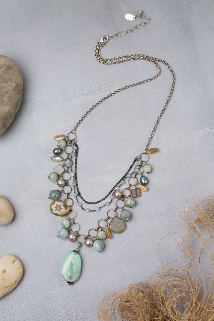 Venetian Dreams 22-24" Freshwater Pearl, Aquamarine, Abalone Shell With Faceted Amazonite Pendant Statement Necklace