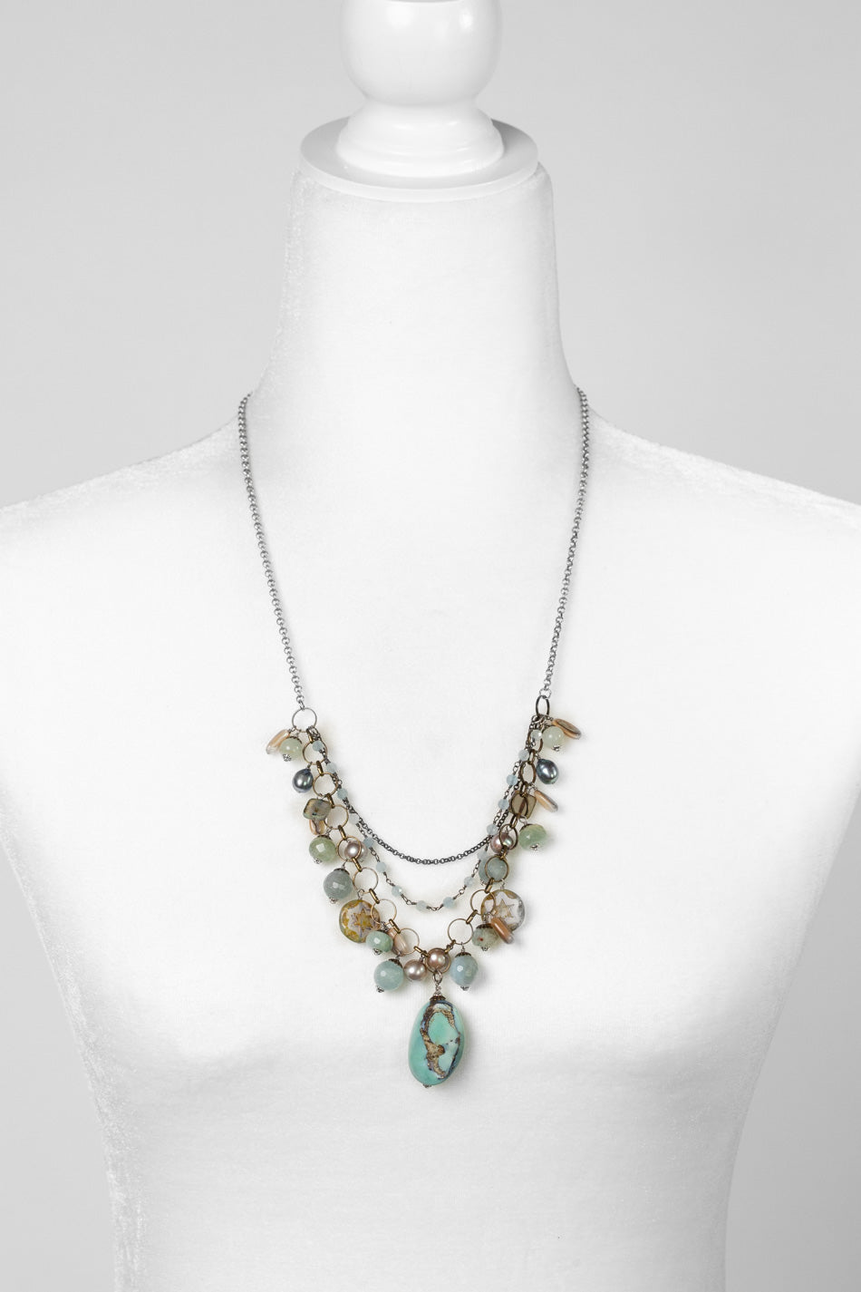 Venetian Dreams 22-24" Freshwater Pearl, Aquamarine, Abalone Shell With Faceted Amazonite Pendant Statement Necklace