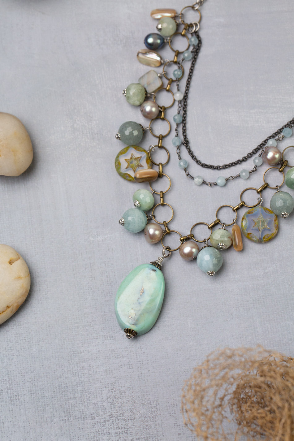 Venetian Dreams 22-24" Freshwater Pearl, Aquamarine, Abalone Shell With Faceted Amazonite Pendant Statement Necklace