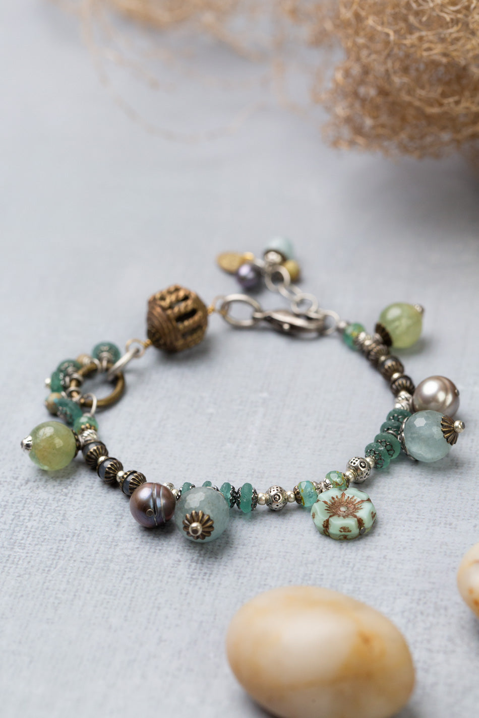 Venetian Dreams 7.5-8.5" Aquamarine, Czech Glass, Freshwater Pearl Statement Bracelet