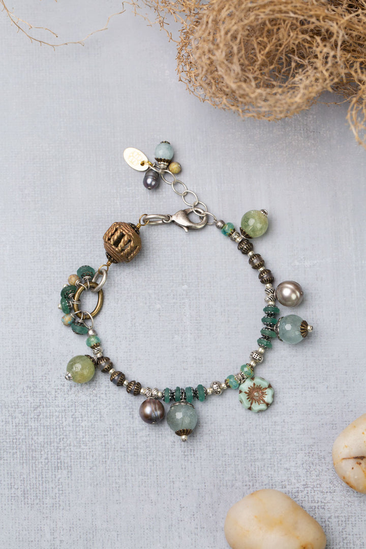 Venetian Dreams 7.5-8.5" Aquamarine, Czech Glass, Freshwater Pearl Statement Bracelet