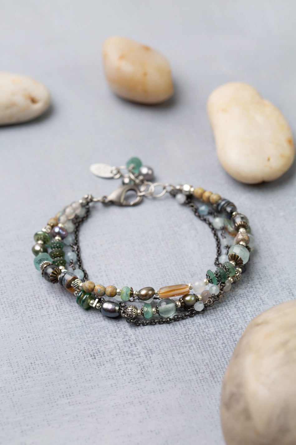 Venetian Dreams 7.5-8.5" Aquamarine, Roman Glass, Fluorite, Czech Glass, Freshwater Pearl Multistrand Bracelet