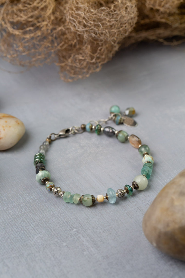 Venetian Dreams 7.5-8.5" Aquamarine, Abalone Shell, Czech Glass, Roman Glass, Freshwater Pearl Simple Bracelet