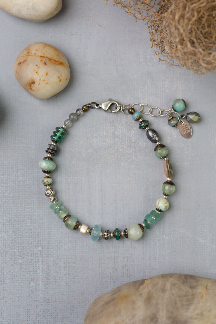 Venetian Dreams 7.5-8.5" Aquamarine, Abalone Shell, Czech Glass, Roman Glass, Freshwater Pearl Simple Bracelet