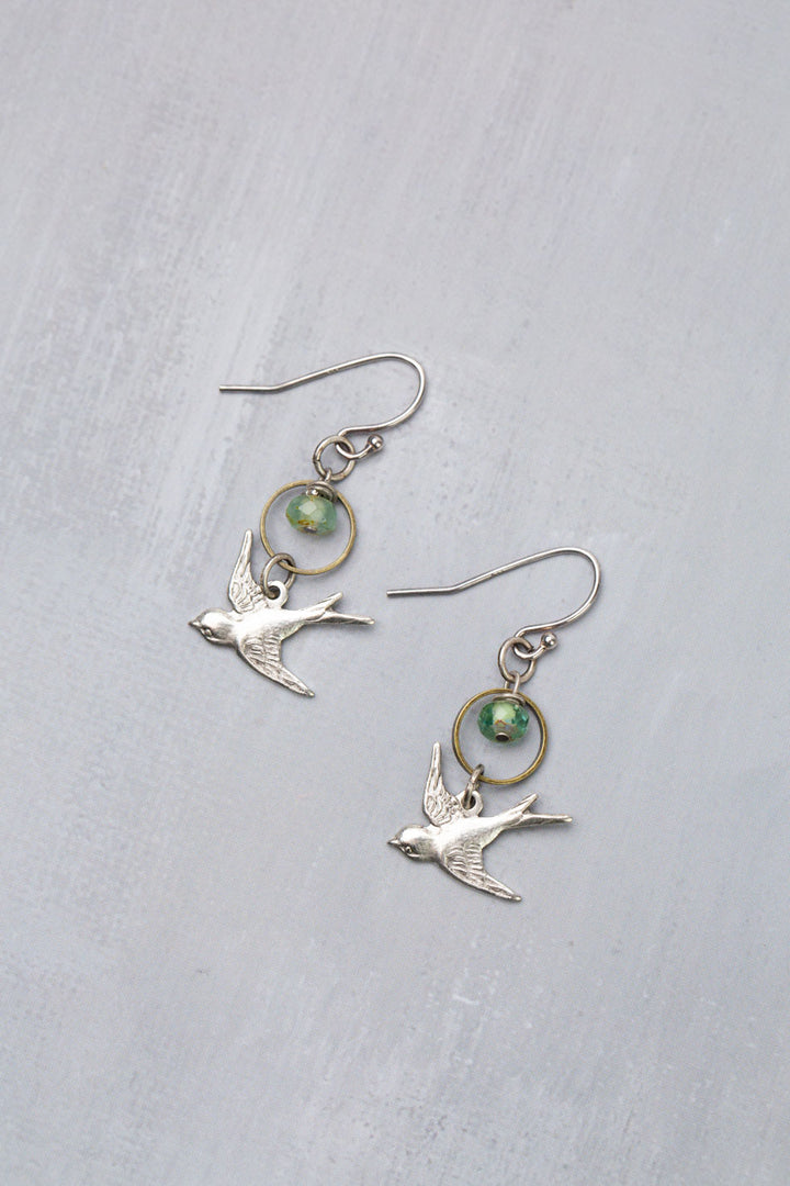 Venetian Dreams Czech Glass With Antique Silver Plated Brass Flying Sparrow Dangle Earrings