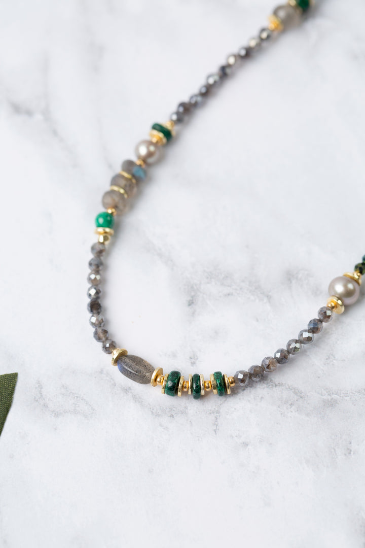 Verdant 35-37" Malachite, Freshwater Pearl, Labradorite Collage Necklace