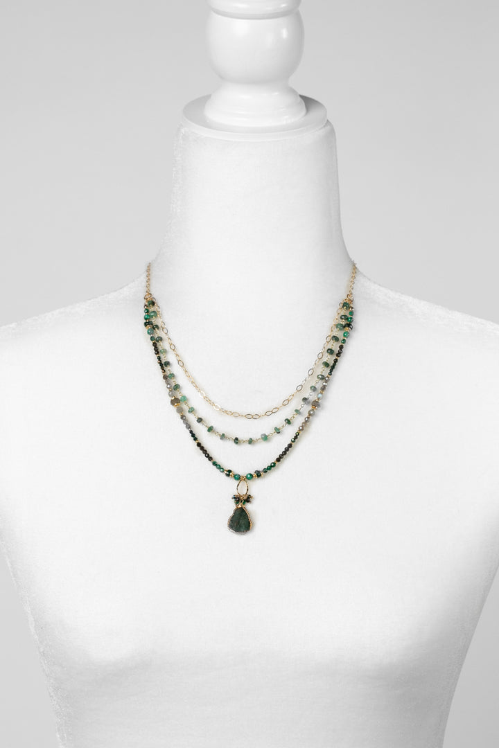 Verdant 16.5-18.5" Malachite, Labradorite, Cats Eye With Emerald Slab Cut Pendant Multistrand Necklace