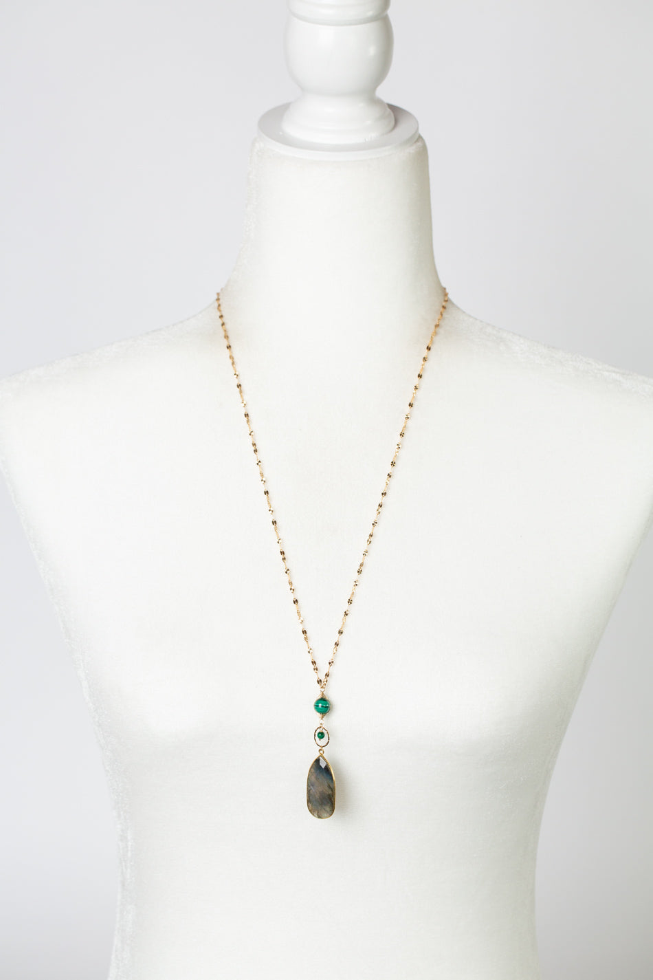 Verdant 25-27" Herringbone Gold Filled Wrapped Malachite With Faceted Labradorite Gold Bezel Simple Necklace