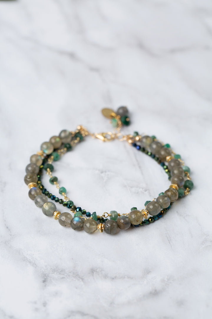 Verdant 7.5-8.5" Emerald, Labradorite, Plated Faceted Pyrite Multistrand Bracelet