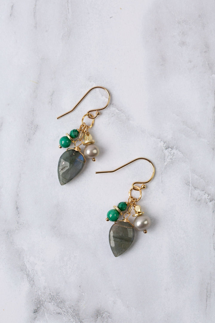 Verdant Malachite, Freshwater Pearl With Labradorite Cluster Earrings