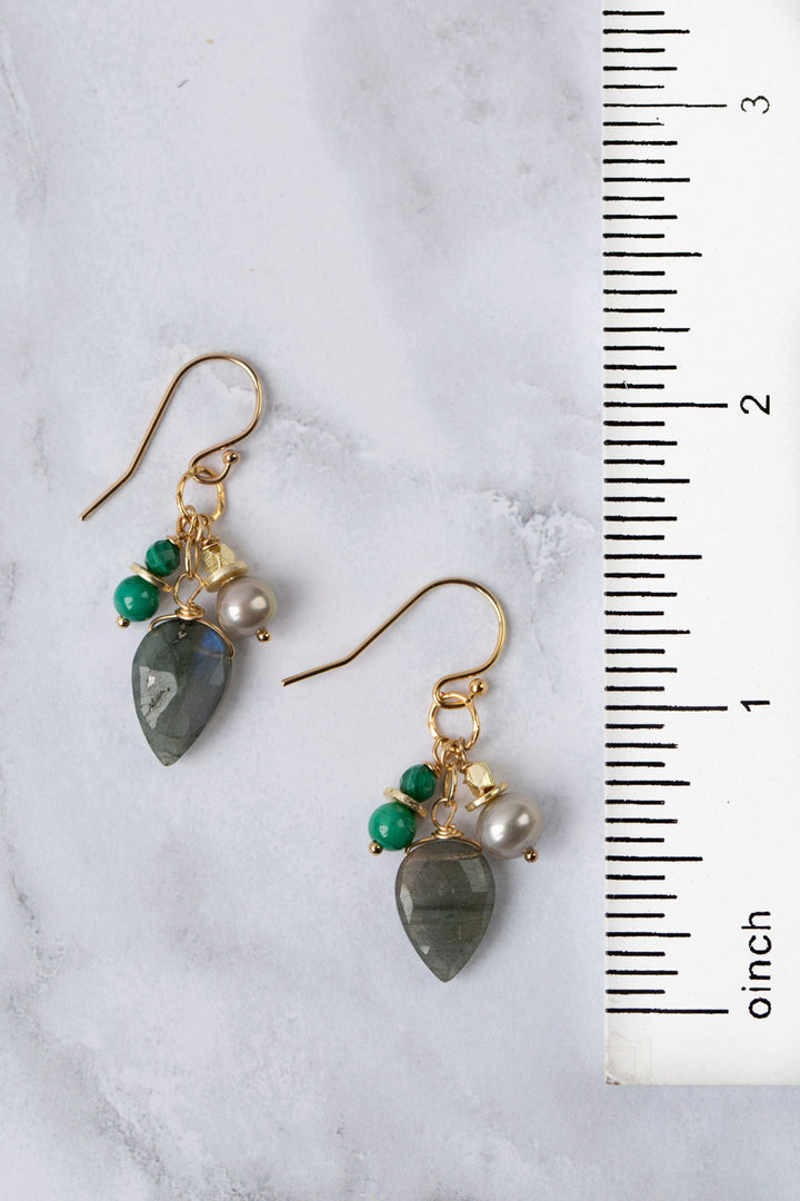Verdant Malachite, Freshwater Pearl With Labradorite Cluster Earrings
