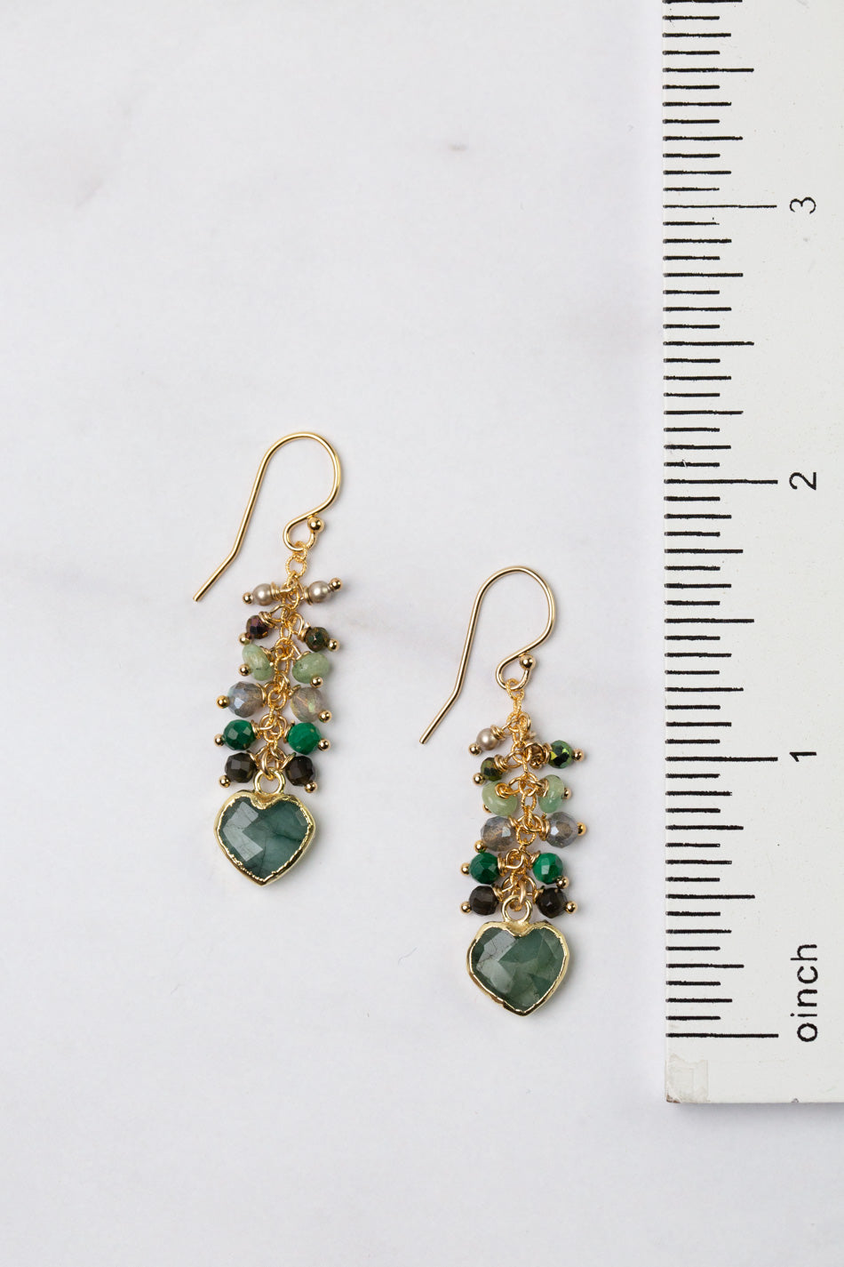 Verdant Labradorite, Freshwater Pearl, Pyrite With Gold Plated Emerald Heart Cluster Earrings