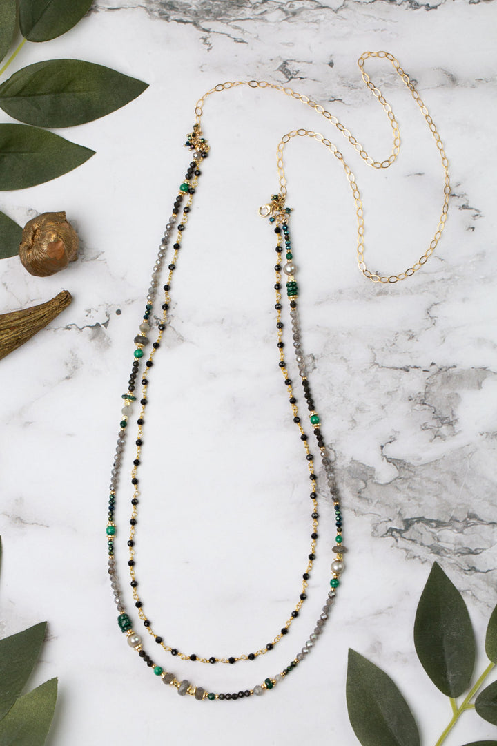 Verdant 17 or 35" Malachite, Labradorite, Freshwater Pearl Multistrand Necklace