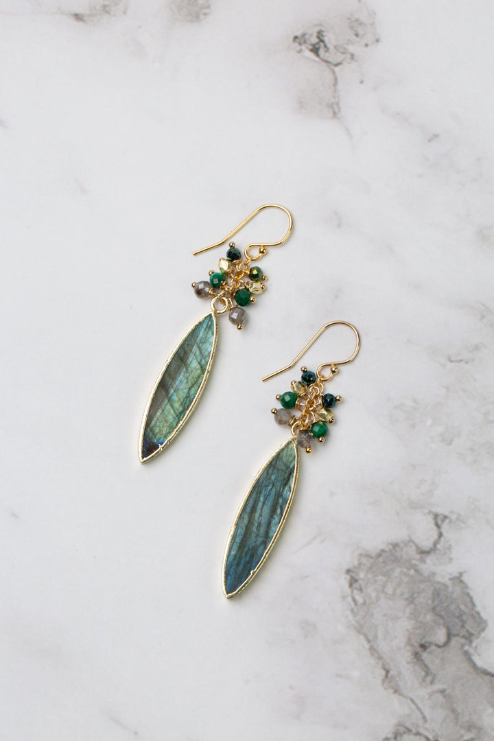 Verdant Malachite, Pyrite With Marquise Shaped Labradorite Cluster Earrings