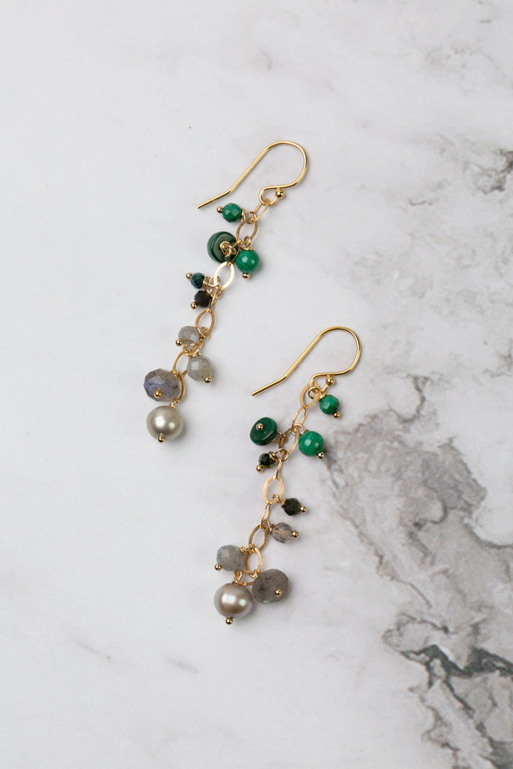 Verdant Malachite, Labradorite, Fresh Water Pearl Cluster Earrings