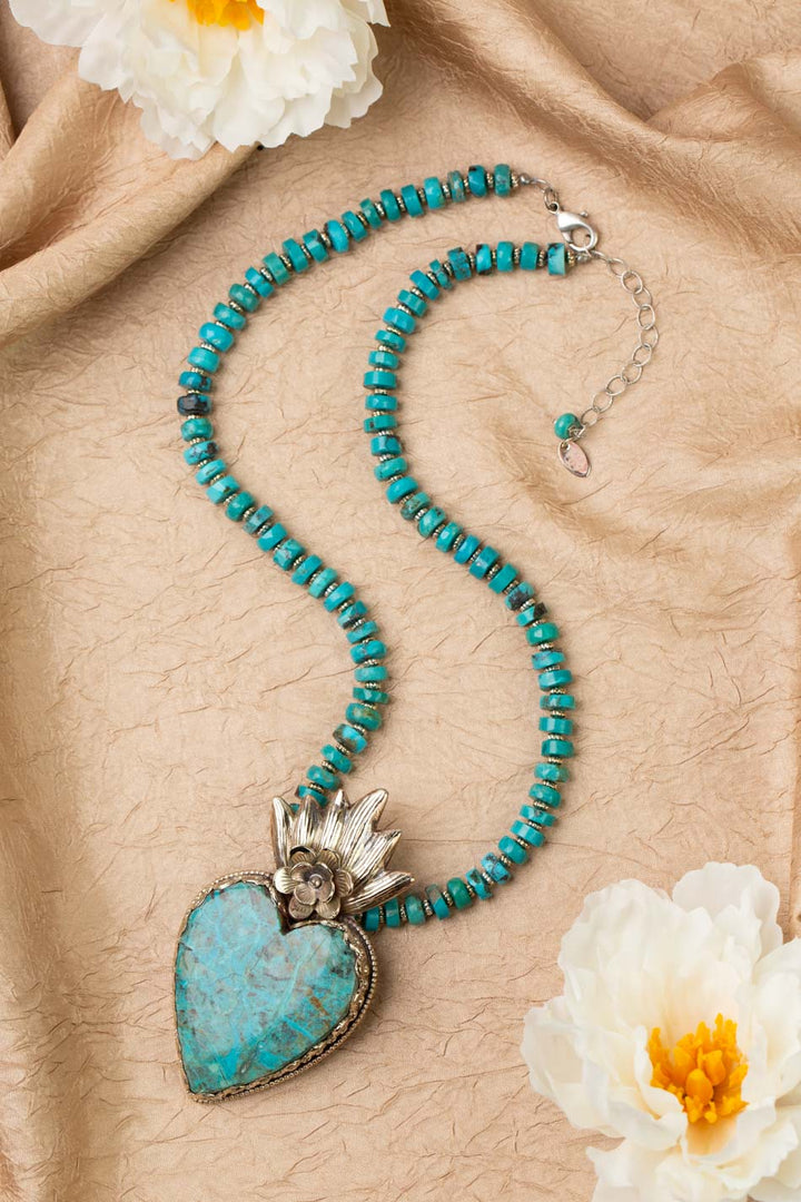 One Of A Kind 20.75-22.75" Turquoise Beadwork With Tibetan Chyrsocolla Heart Pendant Statement Necklace