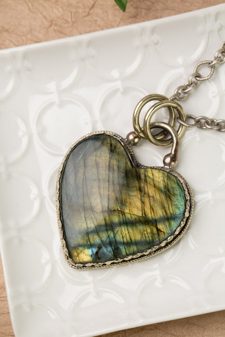 One Of A Kind 20.5-22.5" Tibetan Labradorite Heart Pendant Statement Necklace