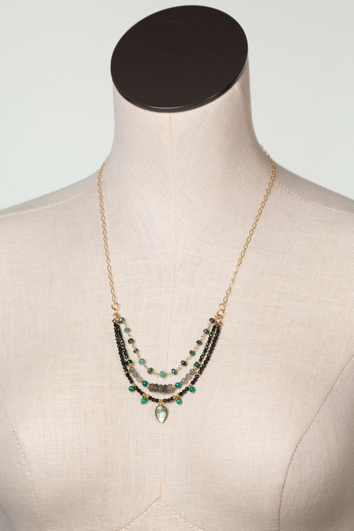 Verdant 20.5-22.5" Emerald, Malachite, Labradorite, Cats Eye Multistrand Necklace