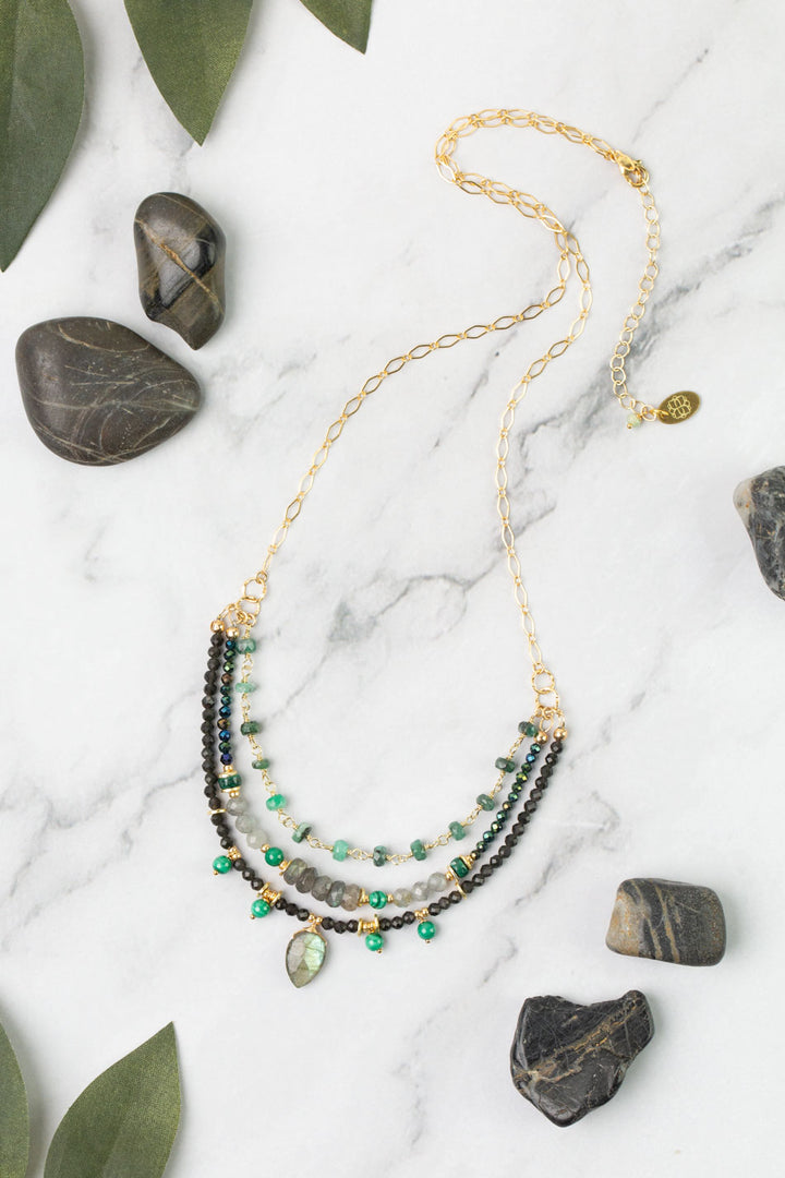 Verdant 20.5-22.5" Emerald, Malachite, Labradorite, Cats Eye Multistrand Necklace