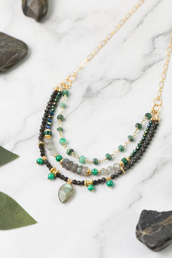 Verdant 20.5-22.5" Emerald, Malachite, Labradorite, Cats Eye Multistrand Necklace