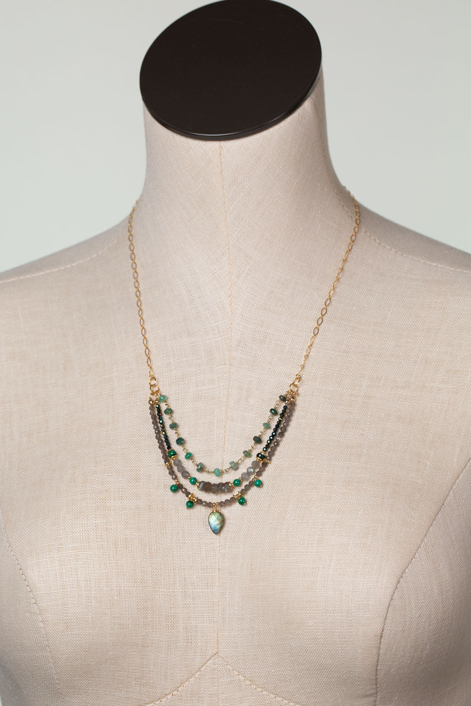 Verdant 20.5-22.5" Emerald, Malachite, Labradorite, Cats Eye Multistrand Necklace