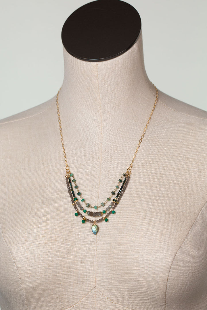 Verdant 20.5-22.5" Emerald, Malachite, Labradorite, Cats Eye Multistrand Necklace