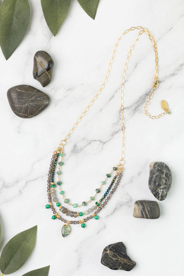 Verdant 20.5-22.5" Emerald, Malachite, Labradorite, Cats Eye Multistrand Necklace
