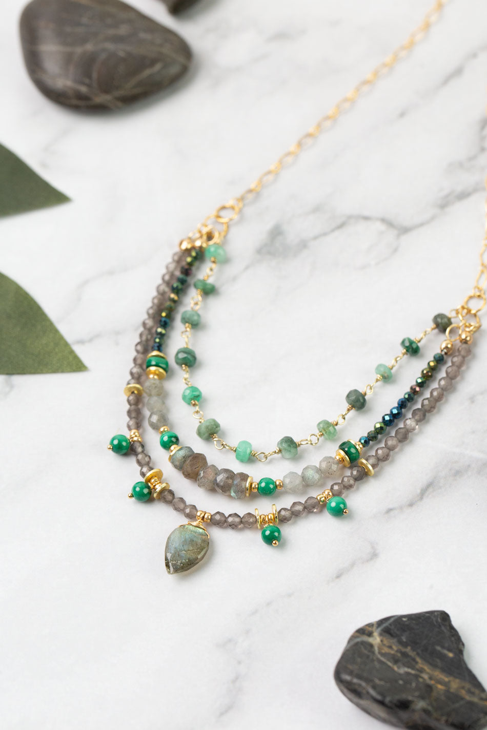 Verdant 20.5-22.5" Emerald, Malachite, Labradorite, Cats Eye Multistrand Necklace
