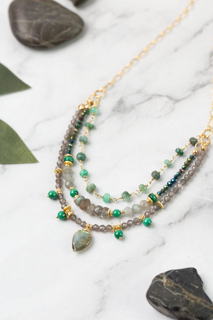 Verdant 20.5-22.5" Emerald, Malachite, Labradorite, Cats Eye Multistrand Necklace