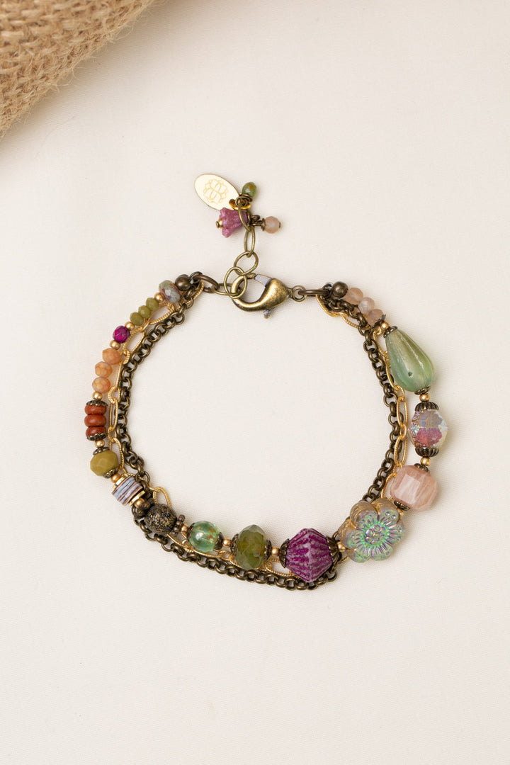 Wildflower 7.5-8.5" Czech Glass Holographic Flower, Peach Moonstone Multistrand Bracelet