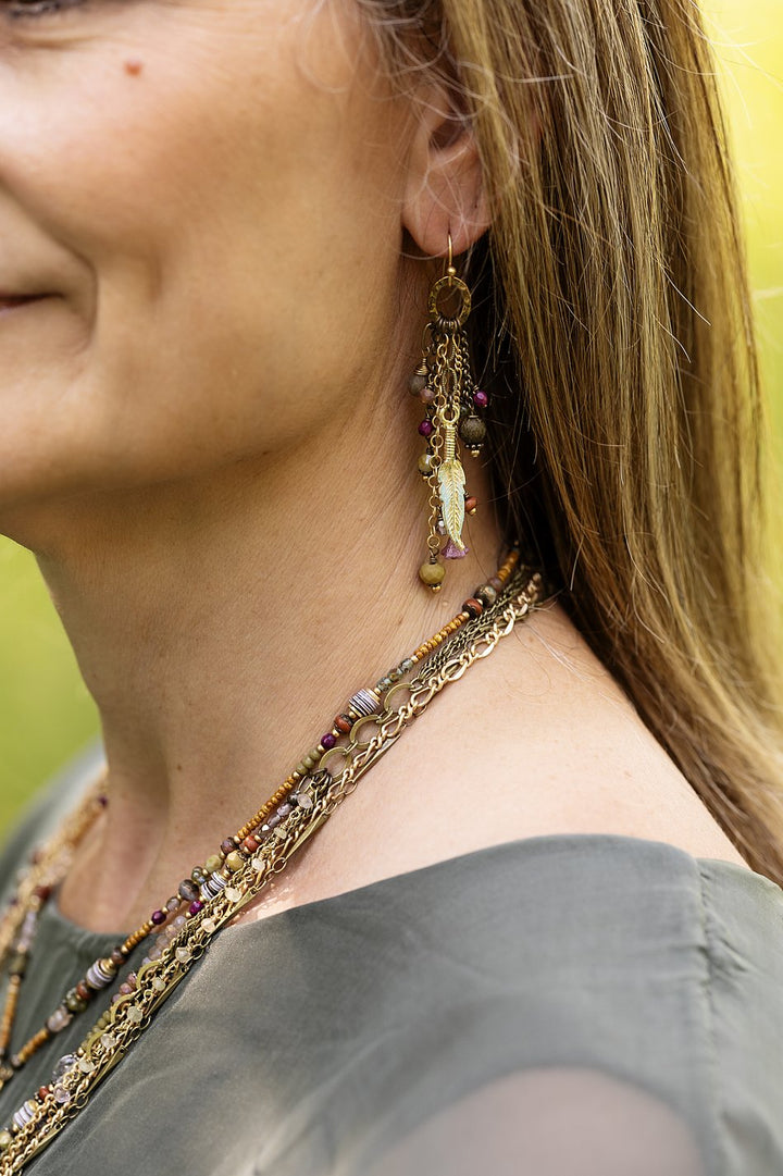 Wildflower Czech Glass And Patina Feather Cluster Earrings