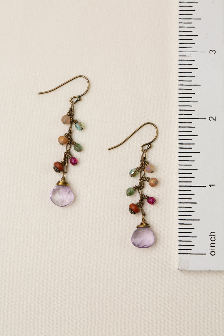 Wildflower Czech Glass, Wood With Faceted Amethyst Ovals Dangle Earrings