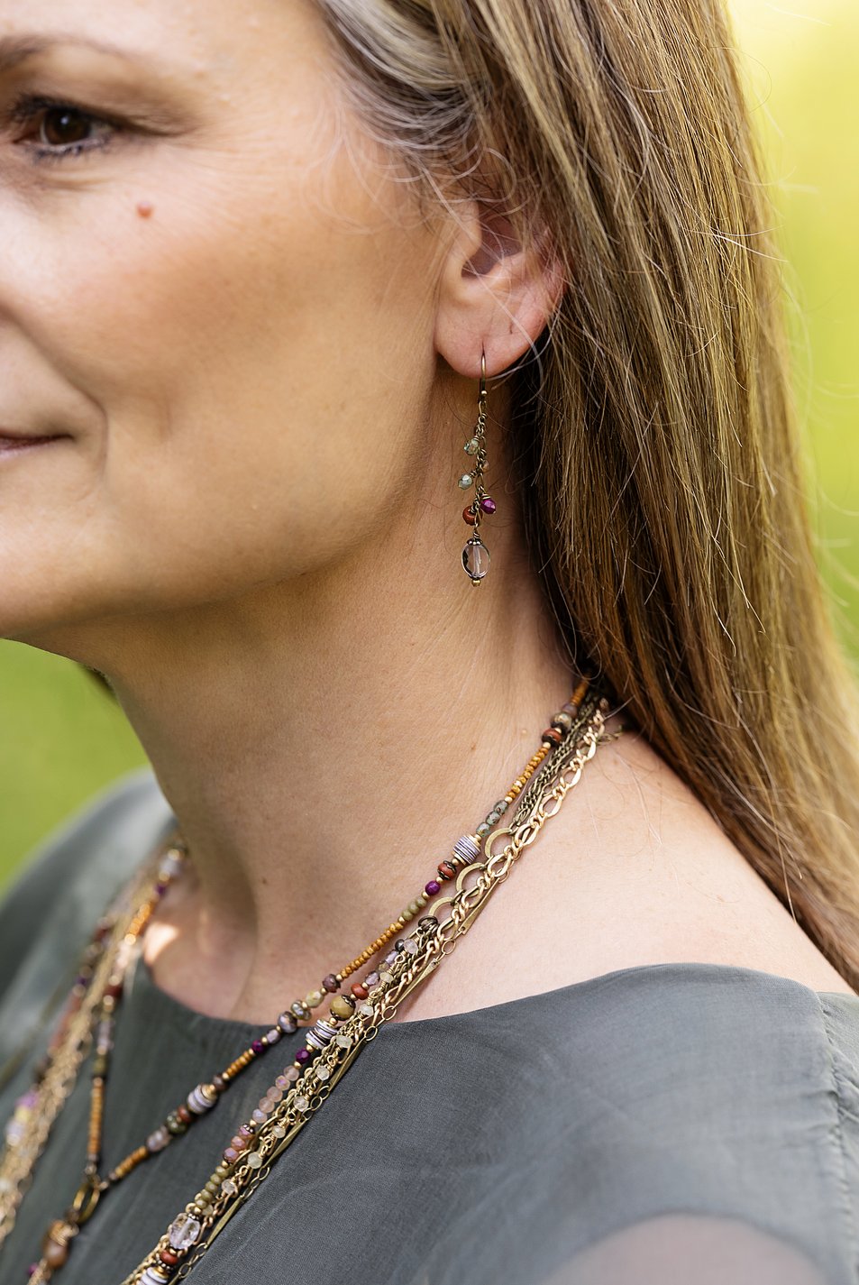 Wildflower Czech Glass, Wood With Faceted Amethyst Ovals Dangle Earrings